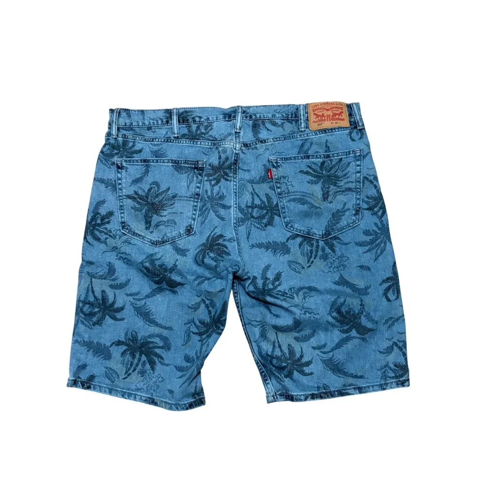 Levis 502 Regular Taper Denim Shorts Mens 40‎ Blue Tropical Palm Tree Print Jean